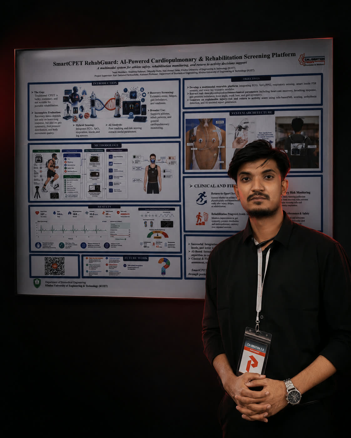 Shadman Rahman standing beside a SmartCPET RehabGuard research poster